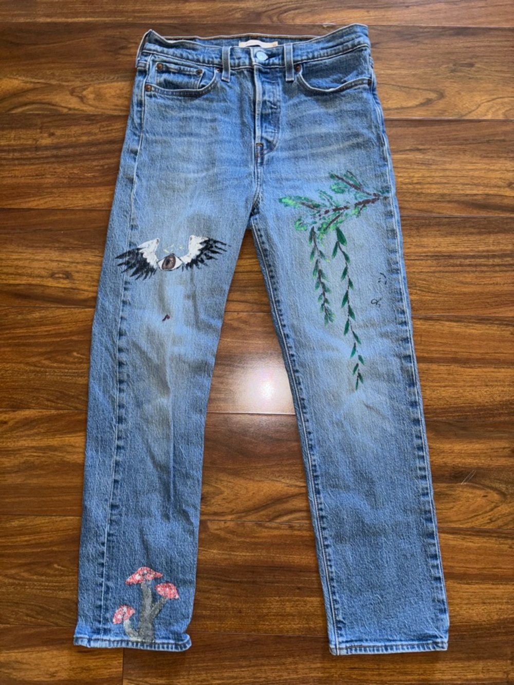 Levi's Light Blue Straight-Leg Jeans with Hand-Painted Nature Motifs
